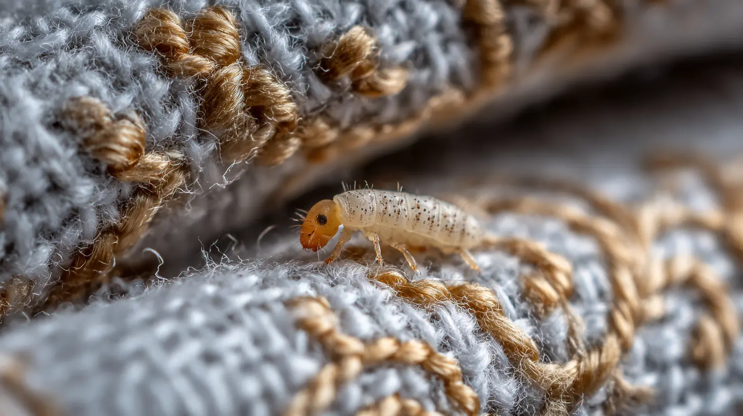 Larwa mola na wełnianym dywaniku z bliska